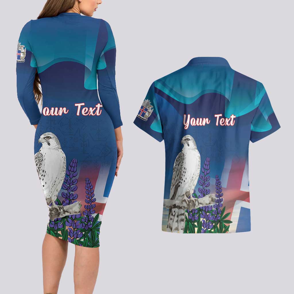 Personalized Iceland National Day Couples Matching Long Sleeve Bodycon Dress and Hawaiian Shirt Gyrfalcon With Lupine Flower