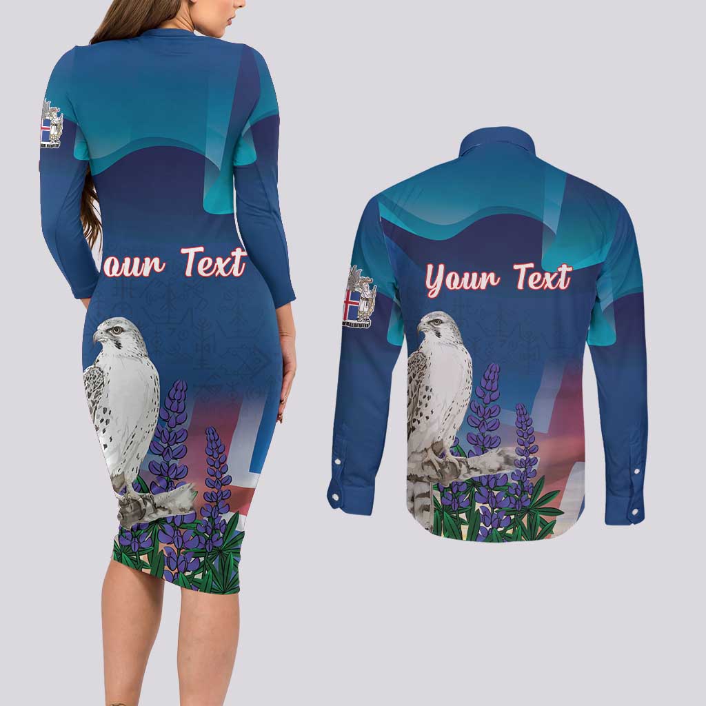 Personalized Iceland National Day Couples Matching Long Sleeve Bodycon Dress and Long Sleeve Button Shirt Gyrfalcon With Lupine Flower