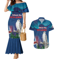 Personalized Iceland National Day Couples Matching Mermaid Dress and Hawaiian Shirt Gyrfalcon With Lupine Flower