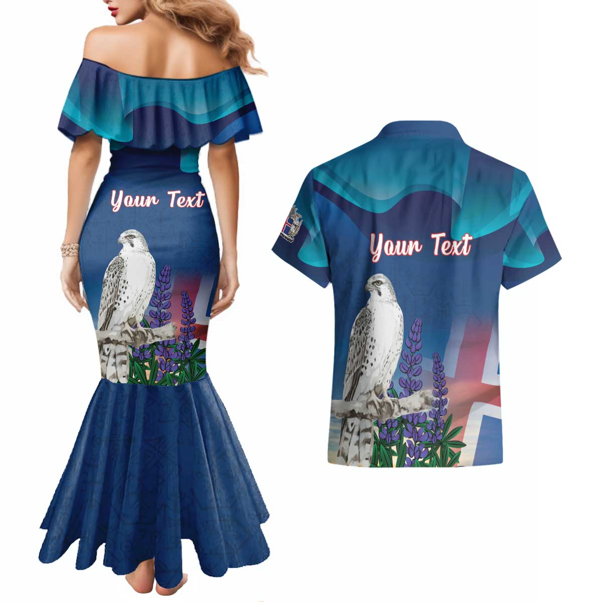Personalized Iceland National Day Couples Matching Mermaid Dress and Hawaiian Shirt Gyrfalcon With Lupine Flower
