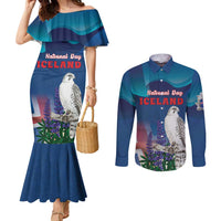 Personalized Iceland National Day Couples Matching Mermaid Dress and Long Sleeve Button Shirt Gyrfalcon With Lupine Flower