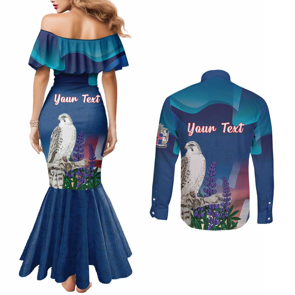 Personalized Iceland National Day Couples Matching Mermaid Dress and Long Sleeve Button Shirt Gyrfalcon With Lupine Flower
