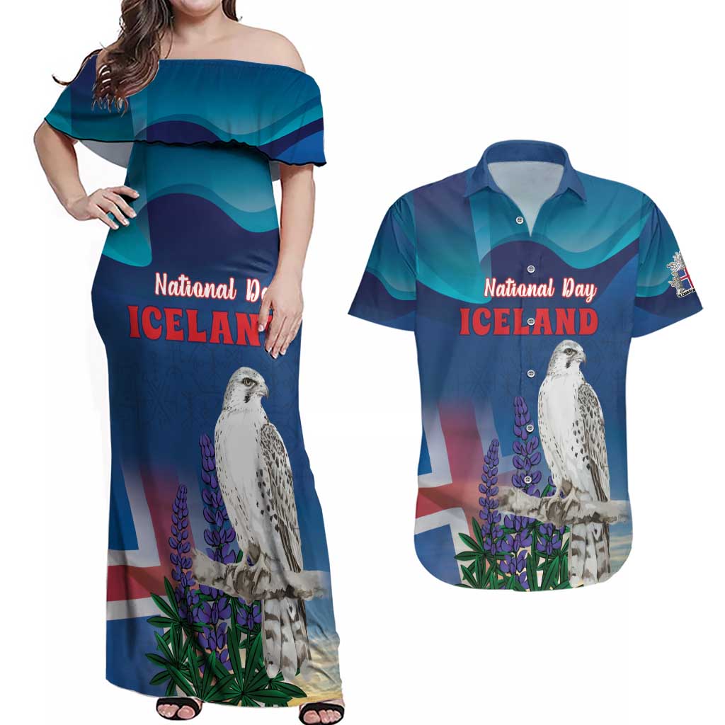 Personalized Iceland National Day Couples Matching Off Shoulder Maxi Dress and Hawaiian Shirt Gyrfalcon With Lupine Flower