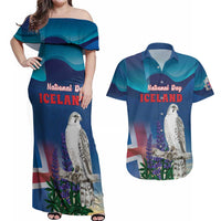Personalized Iceland National Day Couples Matching Off Shoulder Maxi Dress and Hawaiian Shirt Gyrfalcon With Lupine Flower