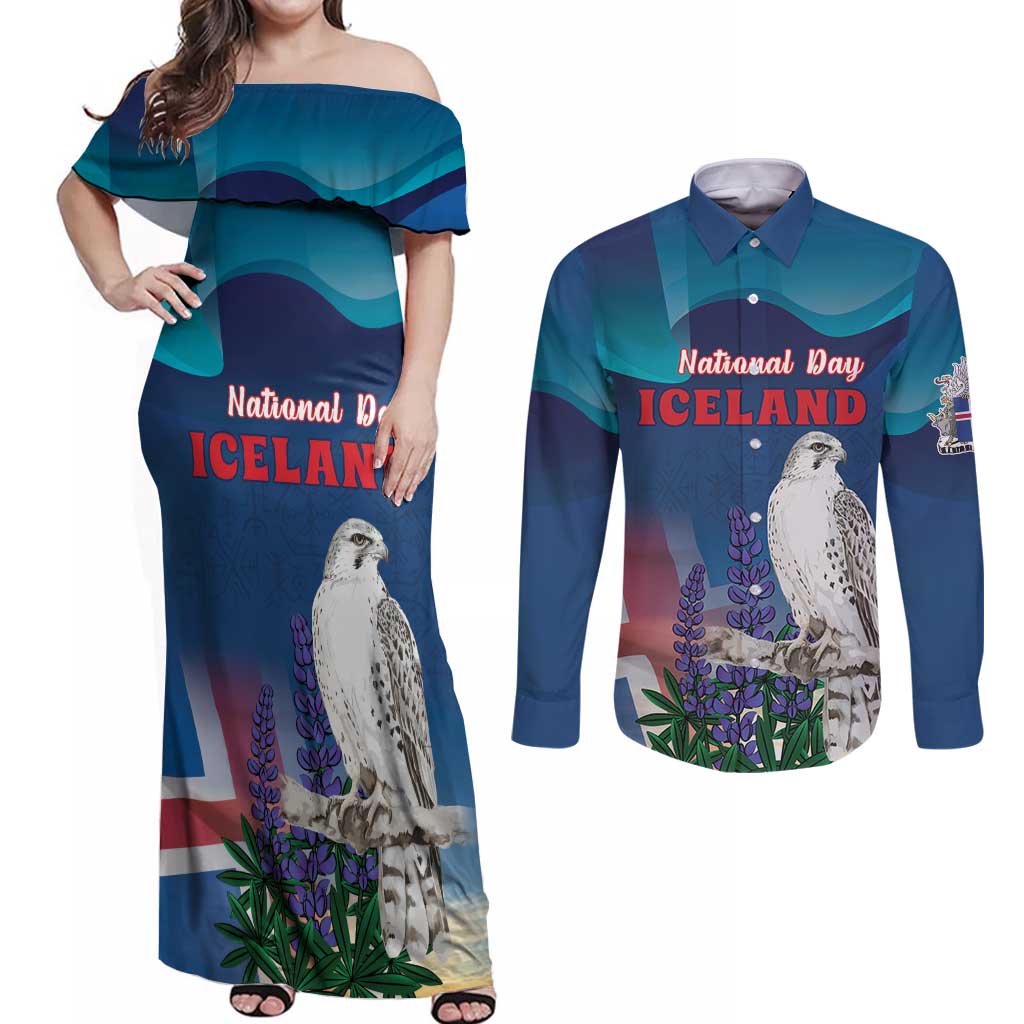 Personalized Iceland National Day Couples Matching Off Shoulder Maxi Dress and Long Sleeve Button Shirt Gyrfalcon With Lupine Flower