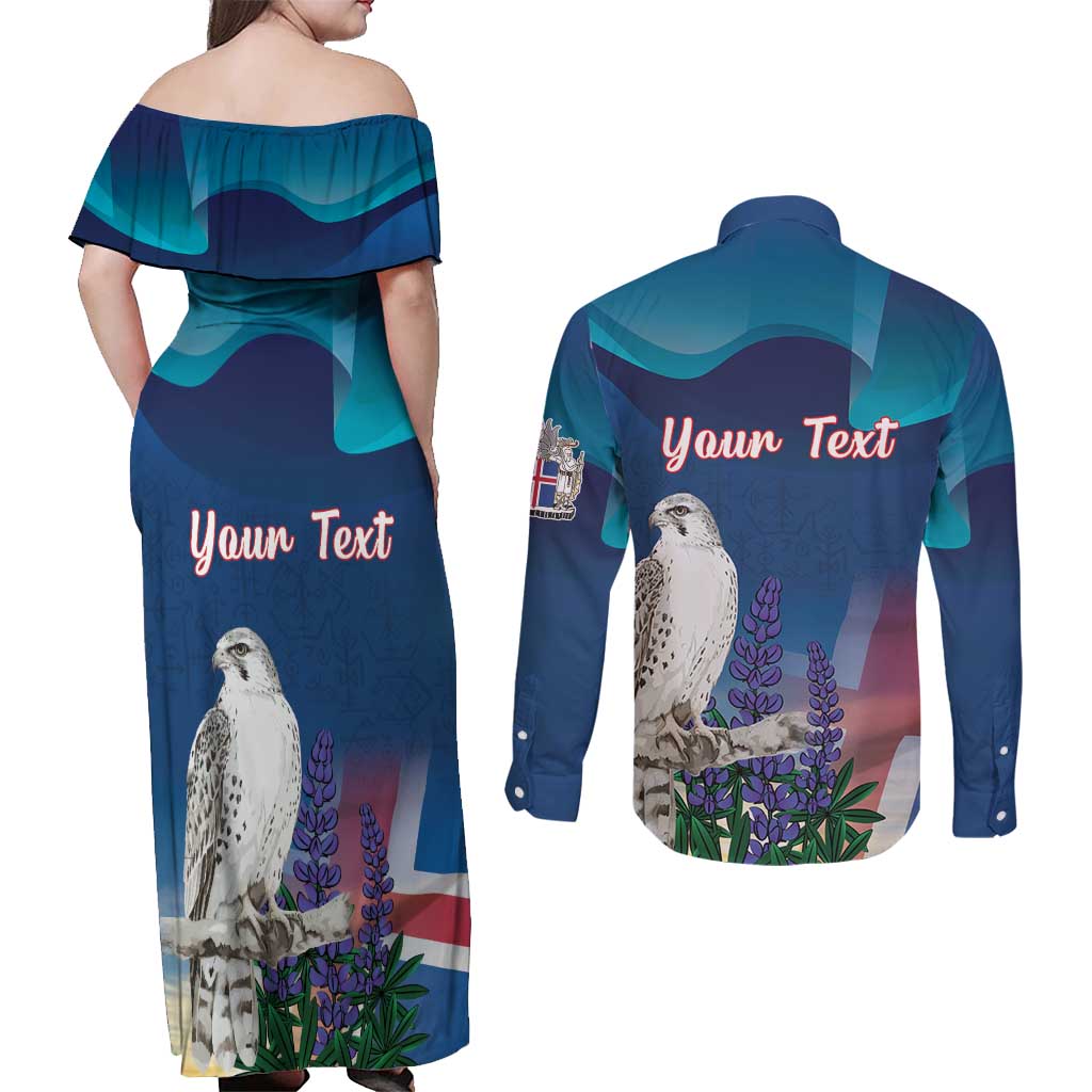 Personalized Iceland National Day Couples Matching Off Shoulder Maxi Dress and Long Sleeve Button Shirt Gyrfalcon With Lupine Flower