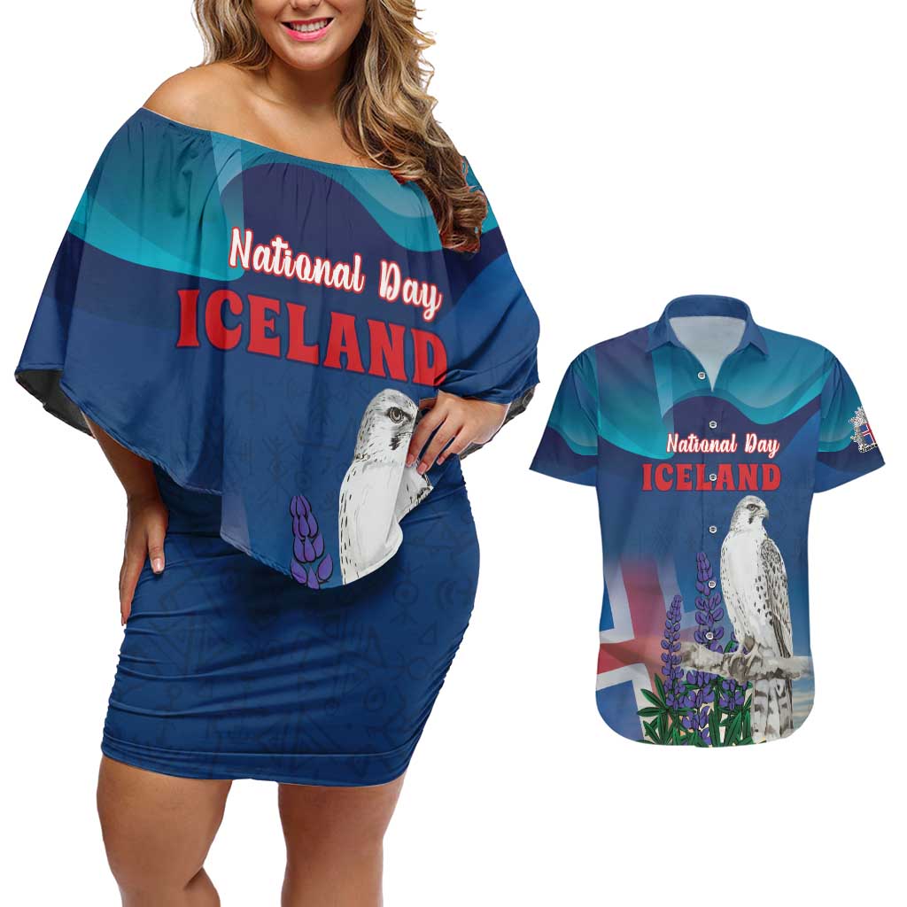Personalized Iceland National Day Couples Matching Off Shoulder Short Dress and Hawaiian Shirt Gyrfalcon With Lupine Flower