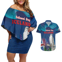 Personalized Iceland National Day Couples Matching Off Shoulder Short Dress and Hawaiian Shirt Gyrfalcon With Lupine Flower