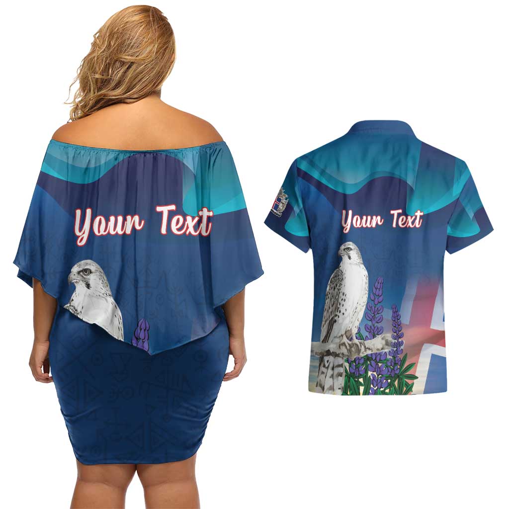Personalized Iceland National Day Couples Matching Off Shoulder Short Dress and Hawaiian Shirt Gyrfalcon With Lupine Flower