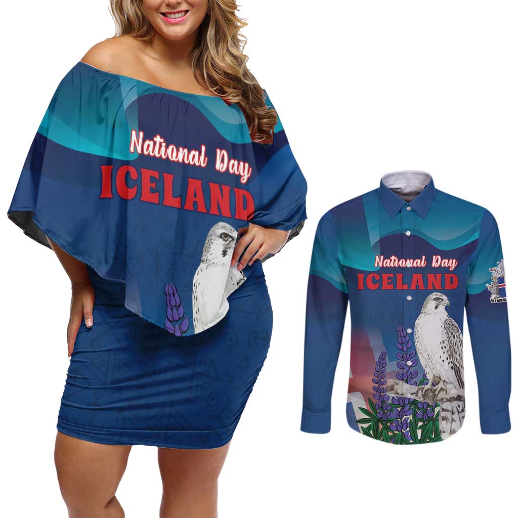 Personalized Iceland National Day Couples Matching Off Shoulder Short Dress and Long Sleeve Button Shirt Gyrfalcon With Lupine Flower