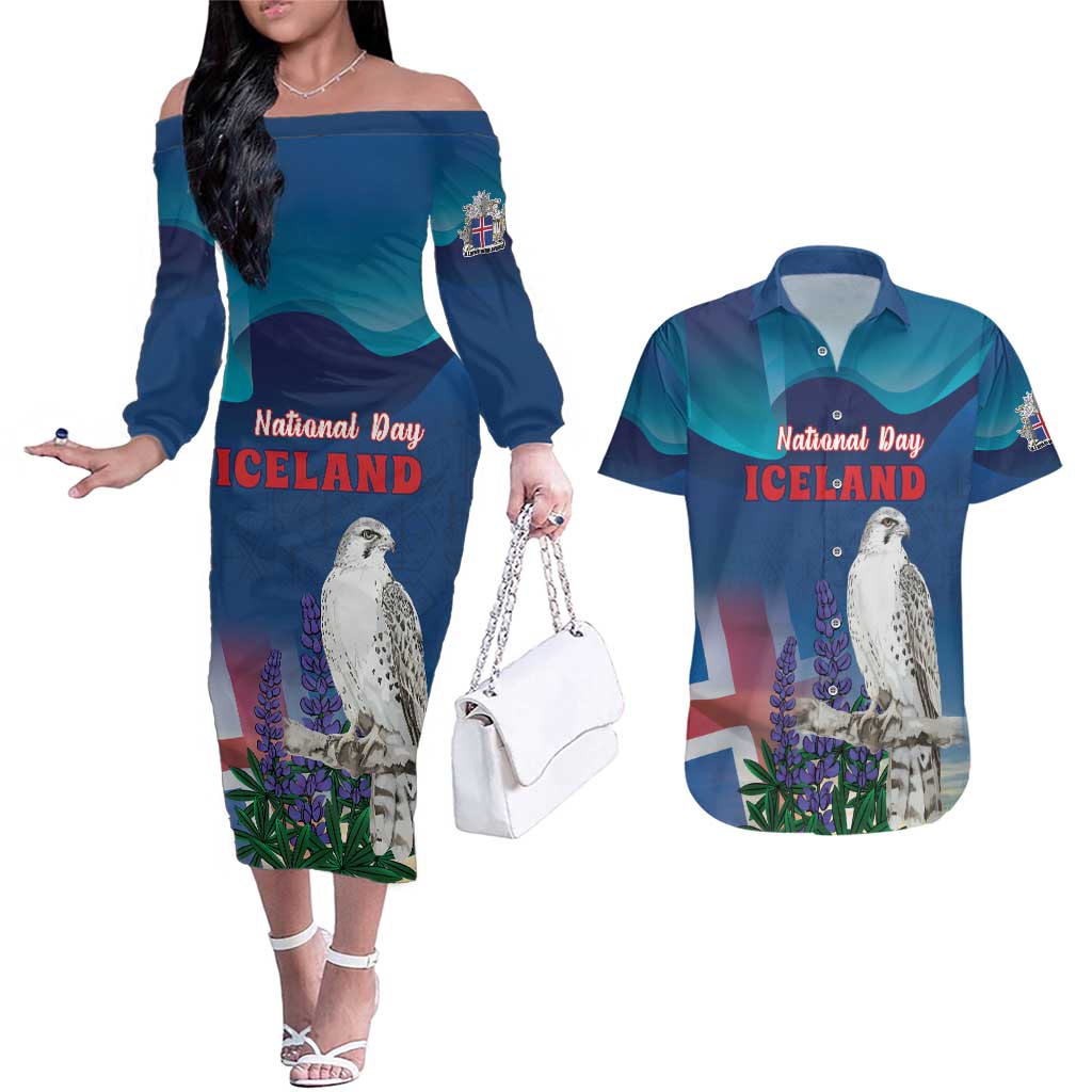 Personalized Iceland National Day Couples Matching Off The Shoulder Long Sleeve Dress and Hawaiian Shirt Gyrfalcon With Lupine Flower