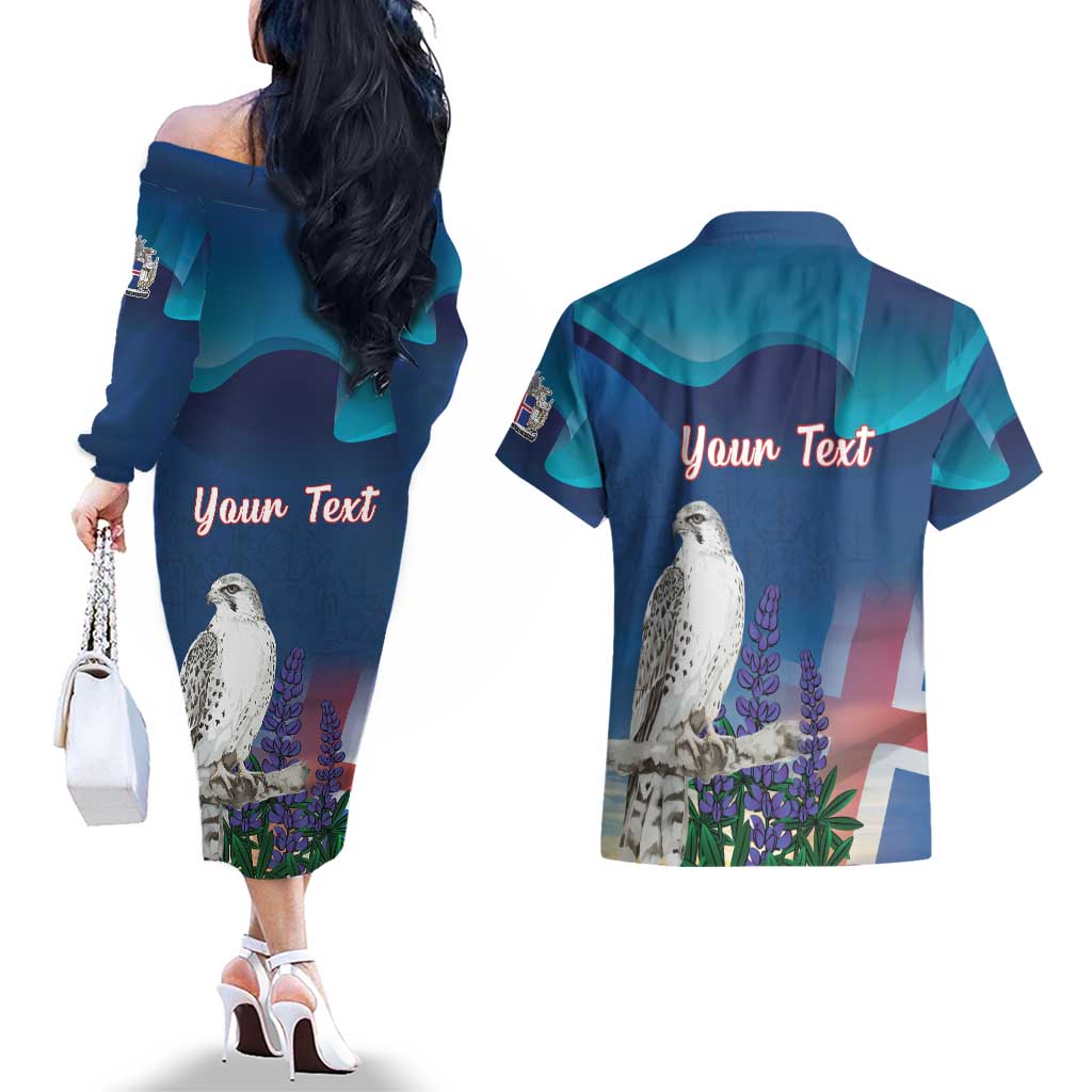 Personalized Iceland National Day Couples Matching Off The Shoulder Long Sleeve Dress and Hawaiian Shirt Gyrfalcon With Lupine Flower