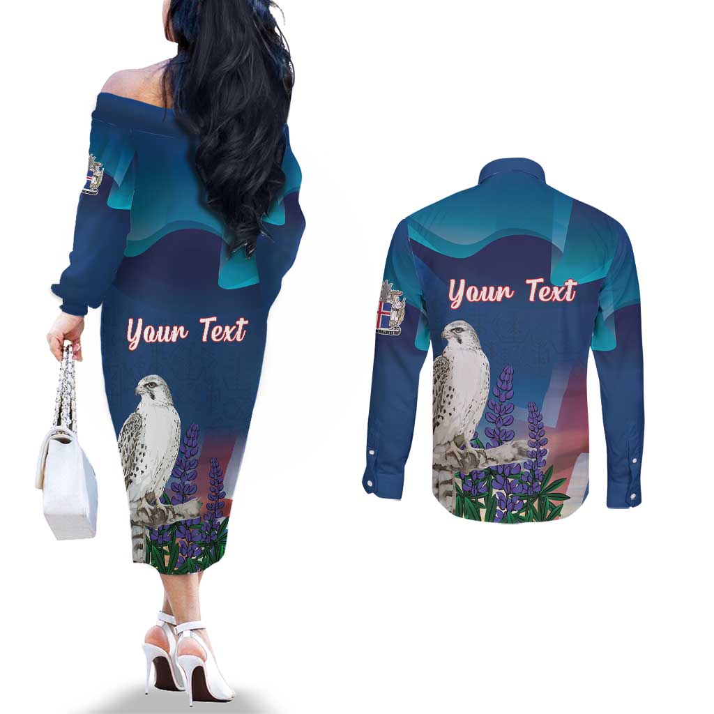Personalized Iceland National Day Couples Matching Off The Shoulder Long Sleeve Dress and Long Sleeve Button Shirt Gyrfalcon With Lupine Flower