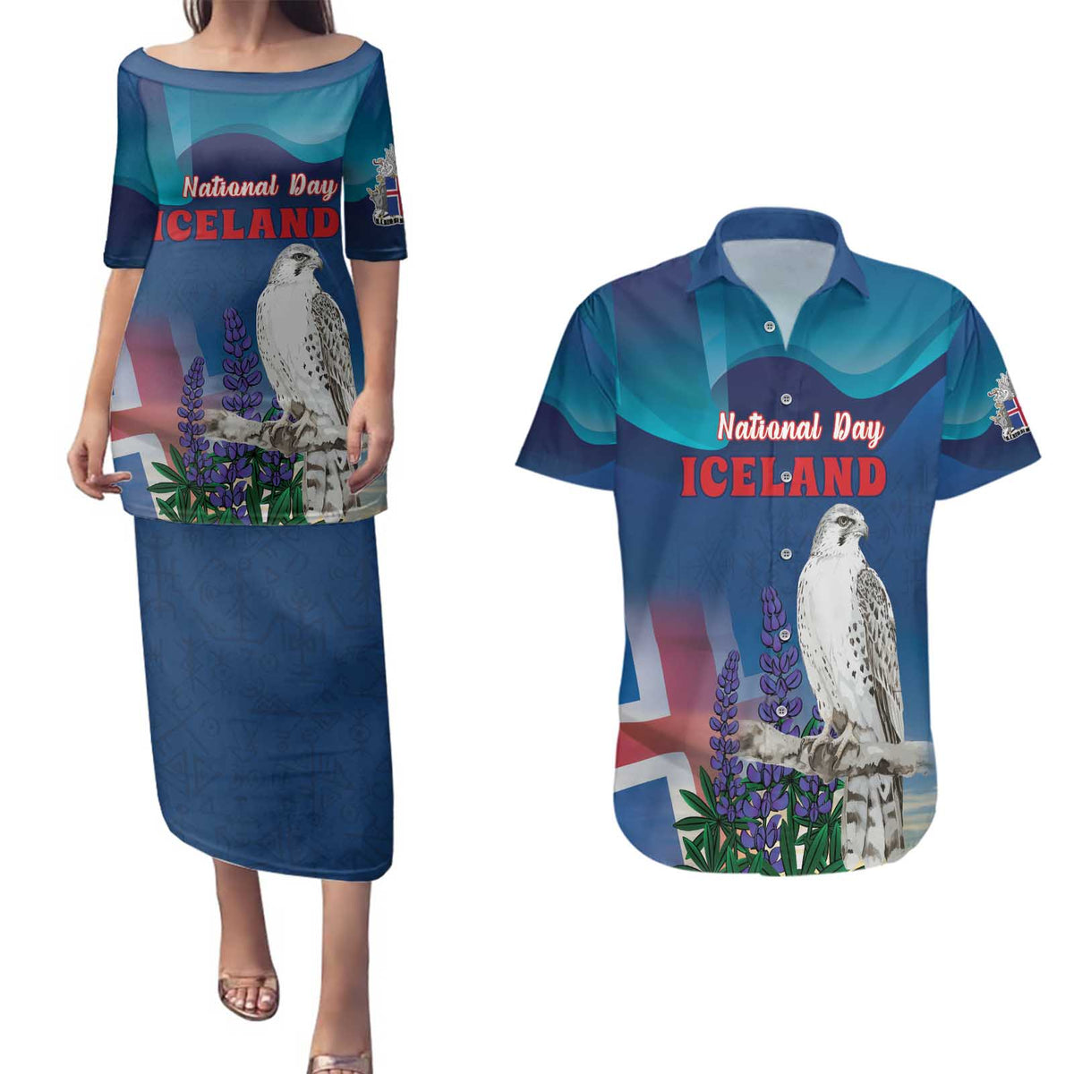 Personalized Iceland National Day Couples Matching Puletasi and Hawaiian Shirt Gyrfalcon With Lupine Flower