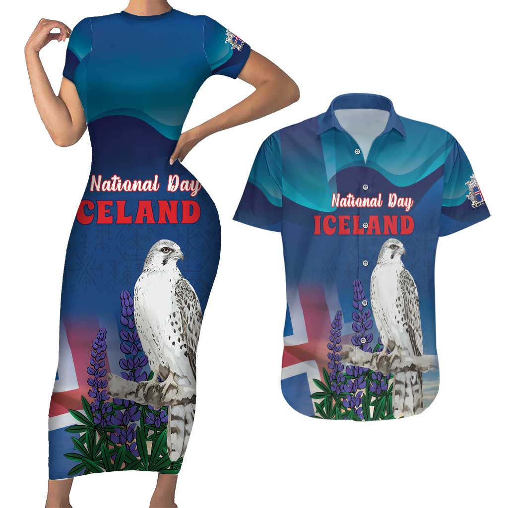Personalized Iceland National Day Couples Matching Short Sleeve Bodycon Dress and Hawaiian Shirt Gyrfalcon With Lupine Flower