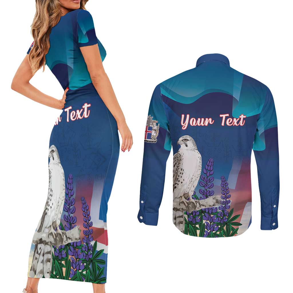 Personalized Iceland National Day Couples Matching Short Sleeve Bodycon Dress and Long Sleeve Button Shirt Gyrfalcon With Lupine Flower