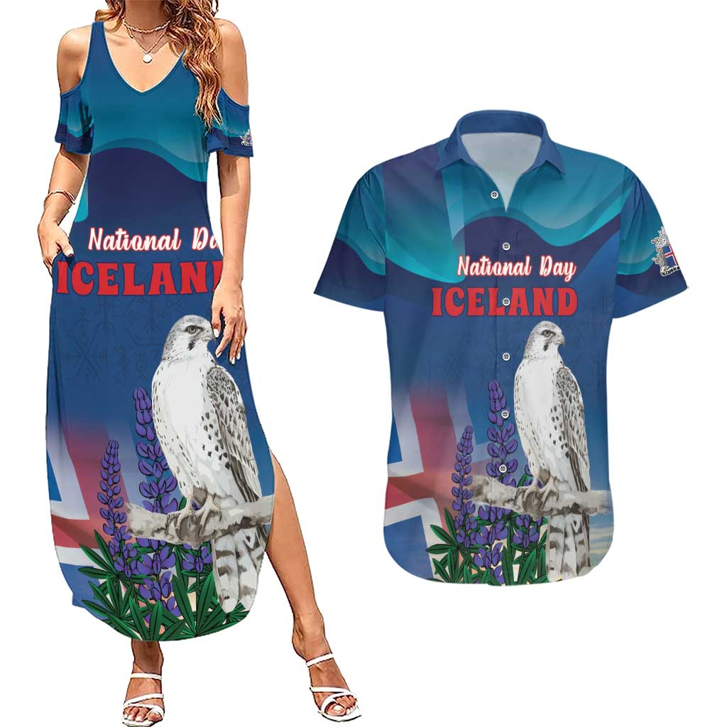 Personalized Iceland National Day Couples Matching Summer Maxi Dress and Hawaiian Shirt Gyrfalcon With Lupine Flower