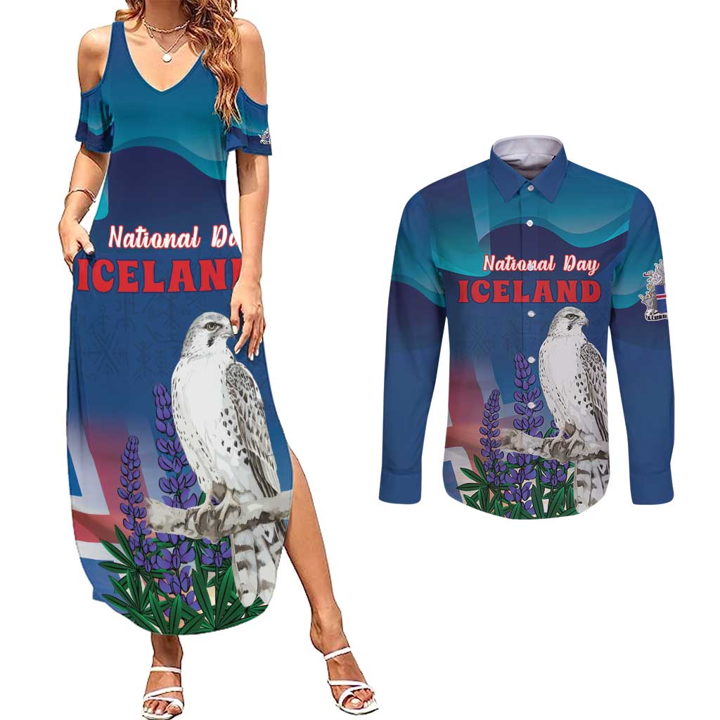 Personalized Iceland National Day Couples Matching Summer Maxi Dress and Long Sleeve Button Shirt Gyrfalcon With Lupine Flower