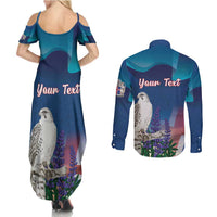 Personalized Iceland National Day Couples Matching Summer Maxi Dress and Long Sleeve Button Shirt Gyrfalcon With Lupine Flower