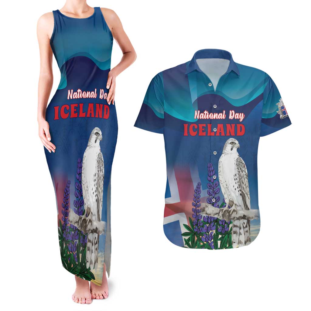 Personalized Iceland National Day Couples Matching Tank Maxi Dress and Hawaiian Shirt Gyrfalcon With Lupine Flower