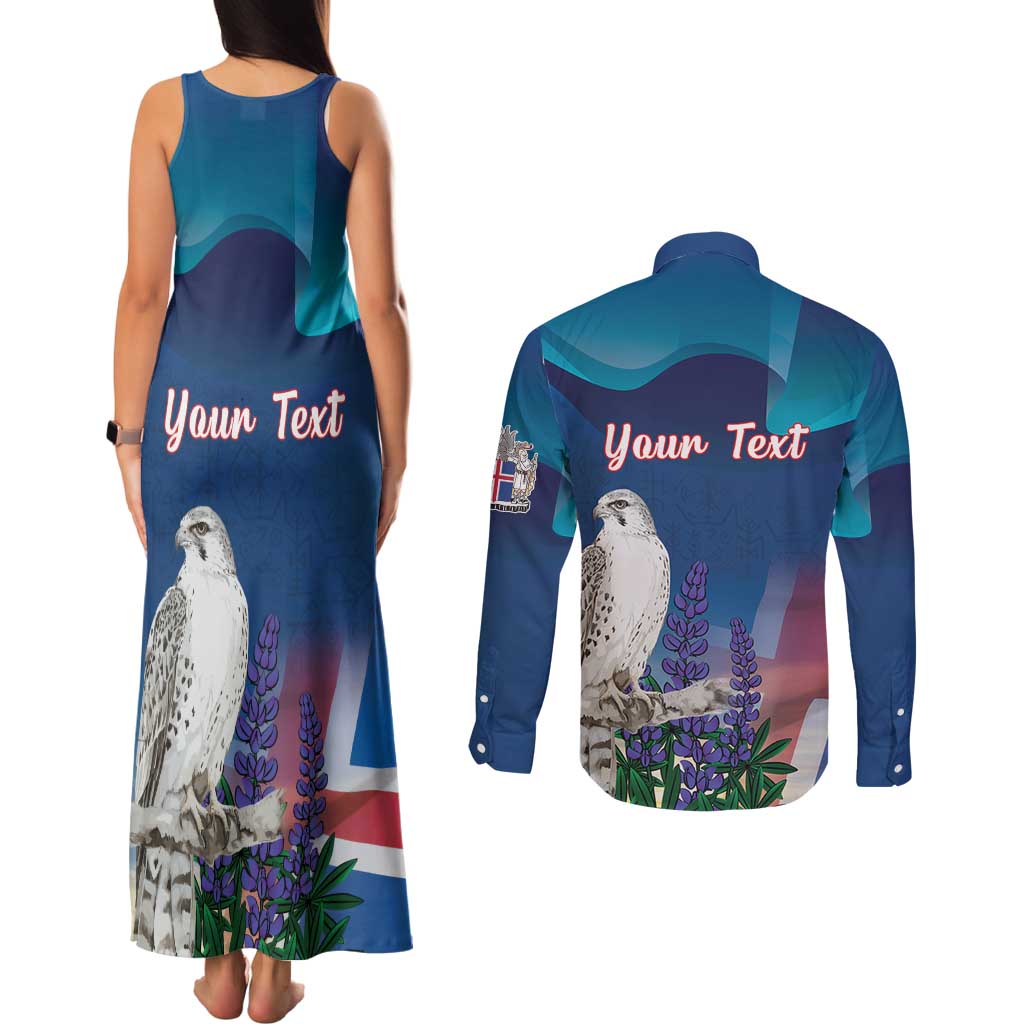 Personalized Iceland National Day Couples Matching Tank Maxi Dress and Long Sleeve Button Shirt Gyrfalcon With Lupine Flower