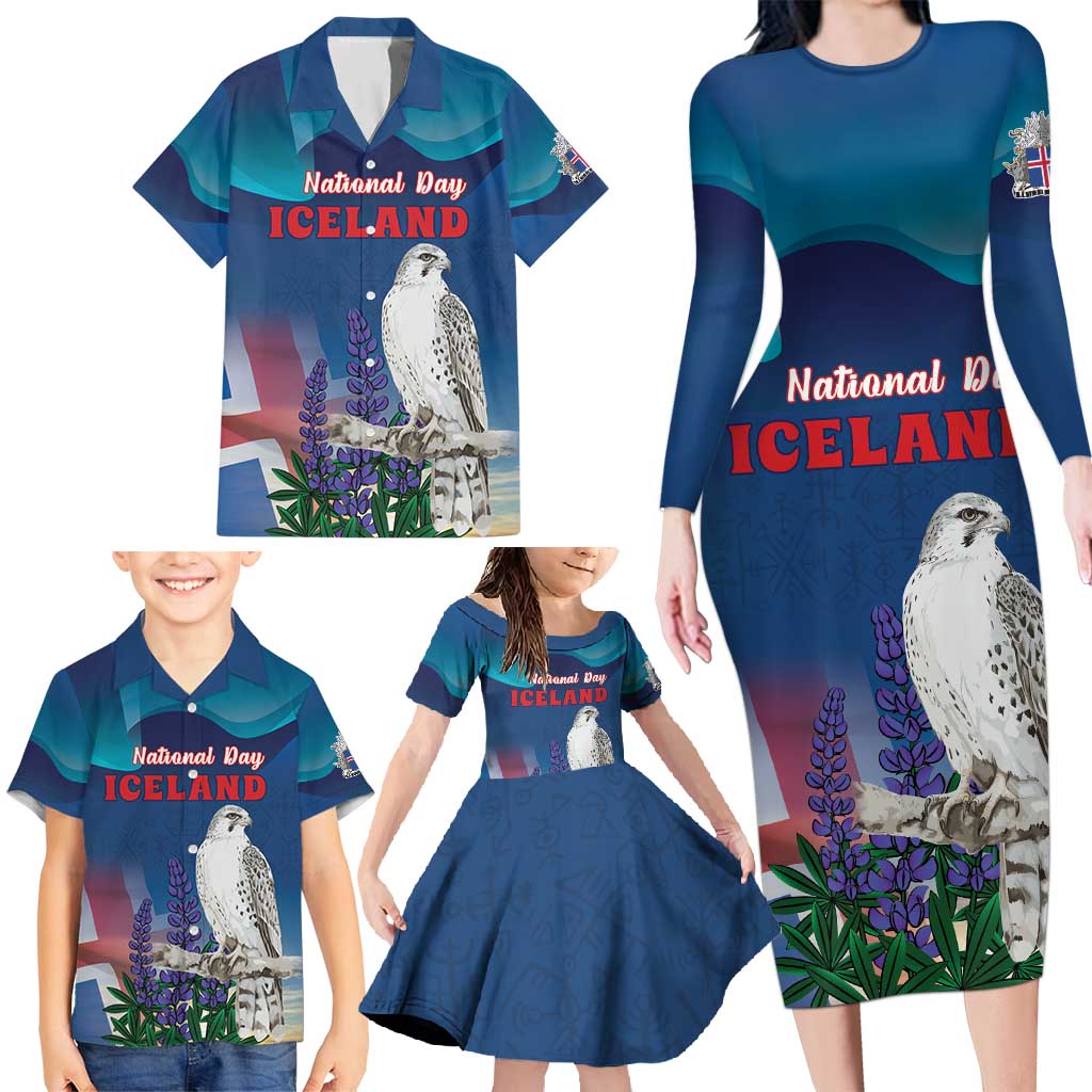 Personalized Iceland National Day Family Matching Long Sleeve Bodycon Dress and Hawaiian Shirt Gyrfalcon With Lupine Flower