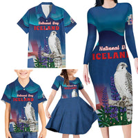 Personalized Iceland National Day Family Matching Long Sleeve Bodycon Dress and Hawaiian Shirt Gyrfalcon With Lupine Flower