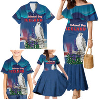 Personalized Iceland National Day Family Matching Mermaid Dress and Hawaiian Shirt Gyrfalcon With Lupine Flower