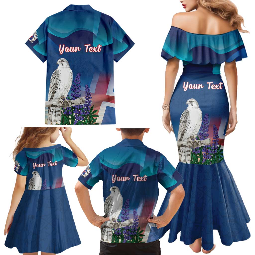 Personalized Iceland National Day Family Matching Mermaid Dress and Hawaiian Shirt Gyrfalcon With Lupine Flower
