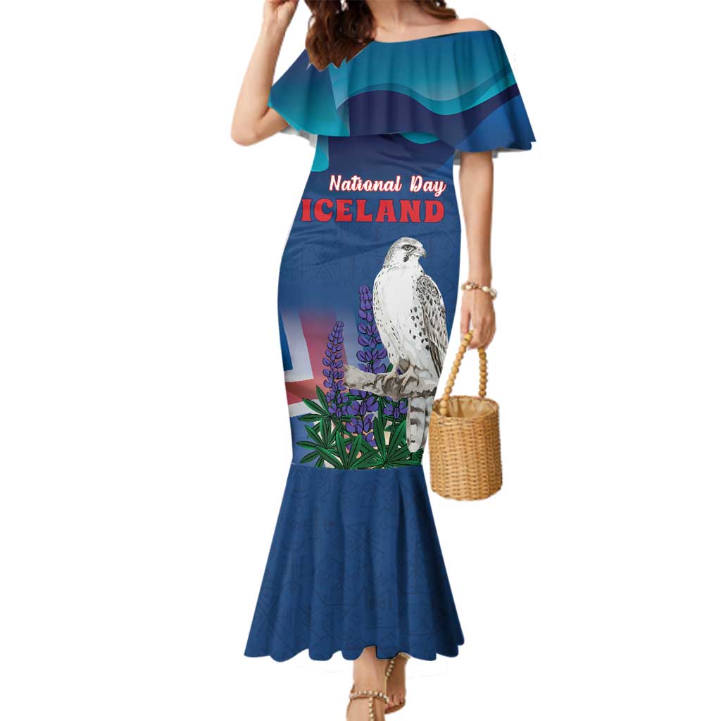 Personalized Iceland National Day Family Matching Mermaid Dress and Hawaiian Shirt Gyrfalcon With Lupine Flower