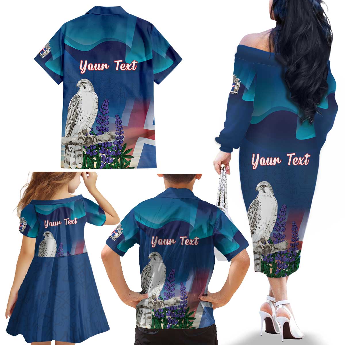 Personalized Iceland National Day Family Matching Off The Shoulder Long Sleeve Dress and Hawaiian Shirt Gyrfalcon With Lupine Flower