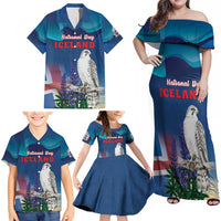 Personalized Iceland National Day Family Matching Off Shoulder Maxi Dress and Hawaiian Shirt Gyrfalcon With Lupine Flower