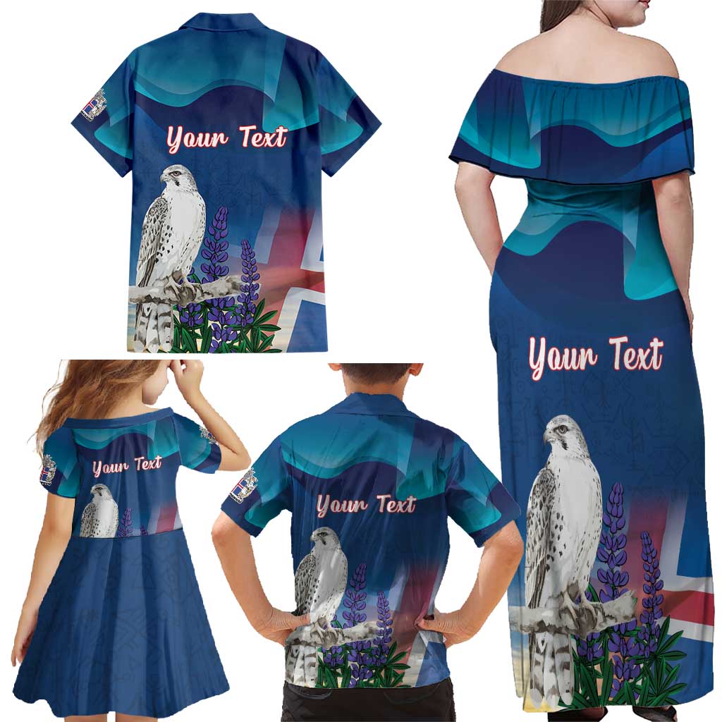 Personalized Iceland National Day Family Matching Off Shoulder Maxi Dress and Hawaiian Shirt Gyrfalcon With Lupine Flower