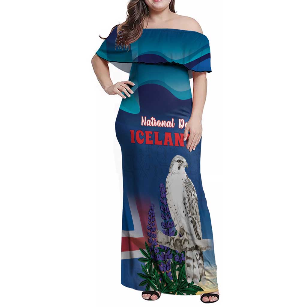 Personalized Iceland National Day Family Matching Off Shoulder Maxi Dress and Hawaiian Shirt Gyrfalcon With Lupine Flower
