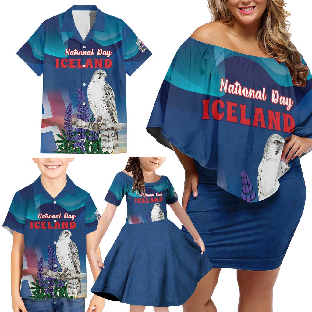 Personalized Iceland National Day Family Matching Off Shoulder Short Dress and Hawaiian Shirt Gyrfalcon With Lupine Flower