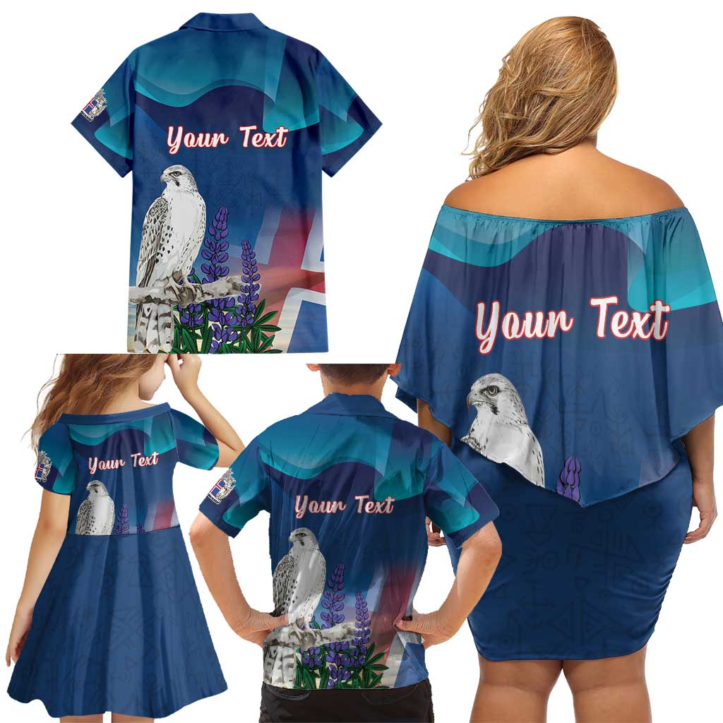 Personalized Iceland National Day Family Matching Off Shoulder Short Dress and Hawaiian Shirt Gyrfalcon With Lupine Flower