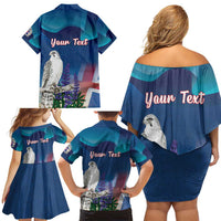 Personalized Iceland National Day Family Matching Off Shoulder Short Dress and Hawaiian Shirt Gyrfalcon With Lupine Flower