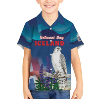 Personalized Iceland National Day Family Matching Off Shoulder Short Dress and Hawaiian Shirt Gyrfalcon With Lupine Flower