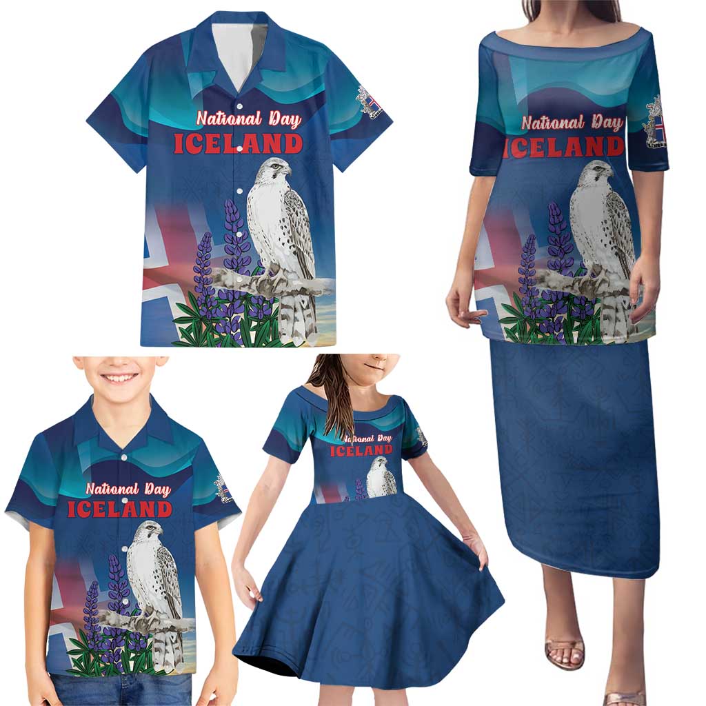 Personalized Iceland National Day Family Matching Puletasi and Hawaiian Shirt Gyrfalcon With Lupine Flower