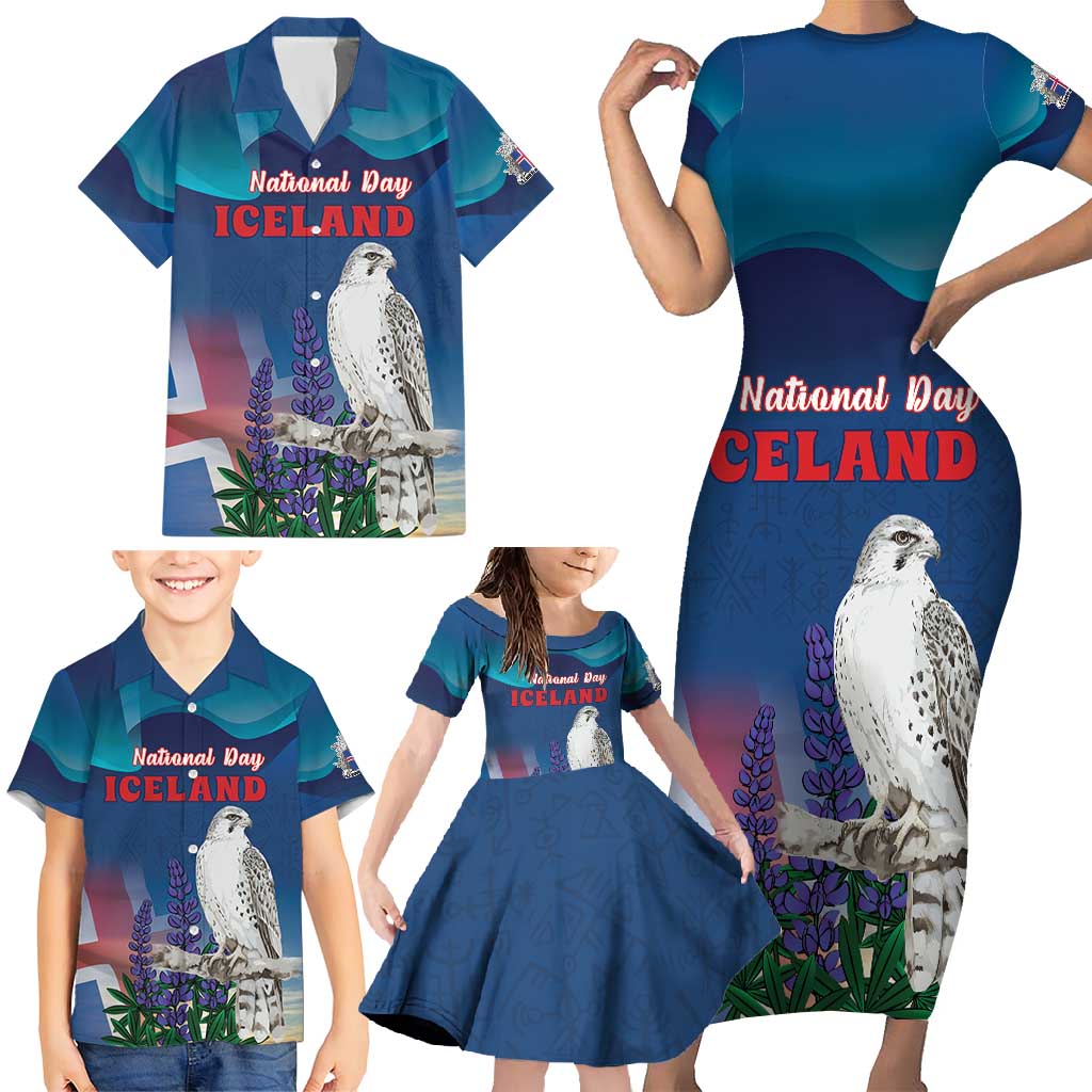 Personalized Iceland National Day Family Matching Short Sleeve Bodycon Dress and Hawaiian Shirt Gyrfalcon With Lupine Flower