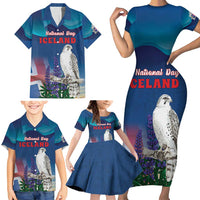 Personalized Iceland National Day Family Matching Short Sleeve Bodycon Dress and Hawaiian Shirt Gyrfalcon With Lupine Flower