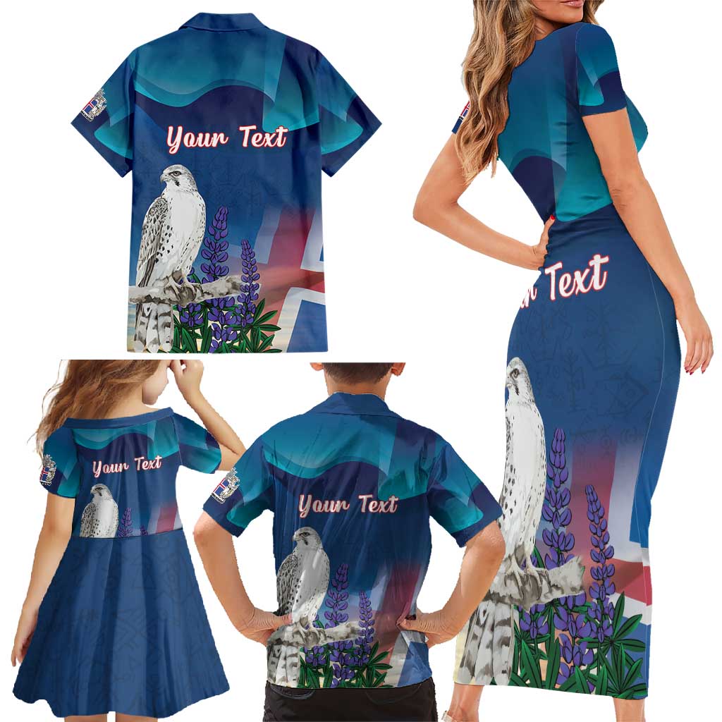 Personalized Iceland National Day Family Matching Short Sleeve Bodycon Dress and Hawaiian Shirt Gyrfalcon With Lupine Flower