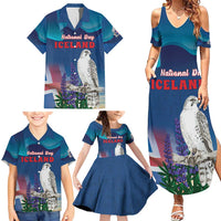 Personalized Iceland National Day Family Matching Summer Maxi Dress and Hawaiian Shirt Gyrfalcon With Lupine Flower
