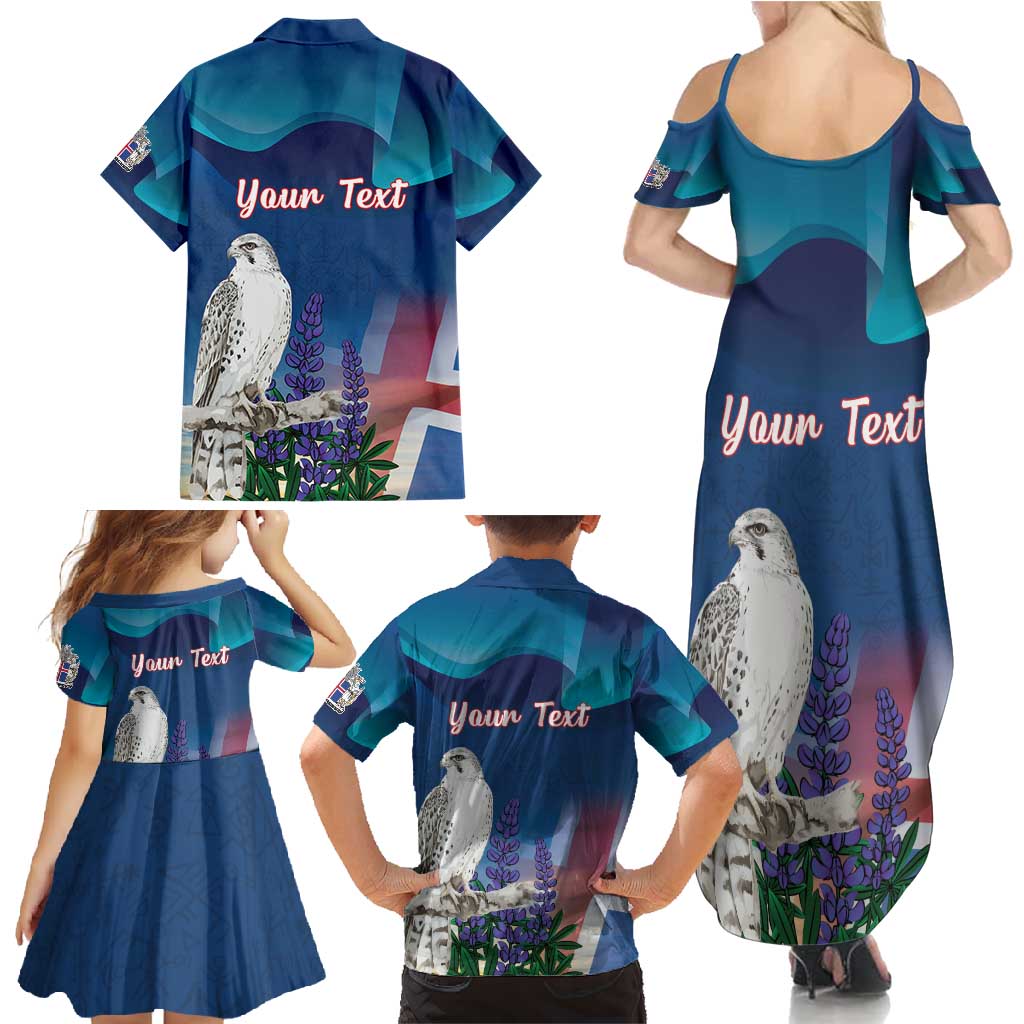Personalized Iceland National Day Family Matching Summer Maxi Dress and Hawaiian Shirt Gyrfalcon With Lupine Flower