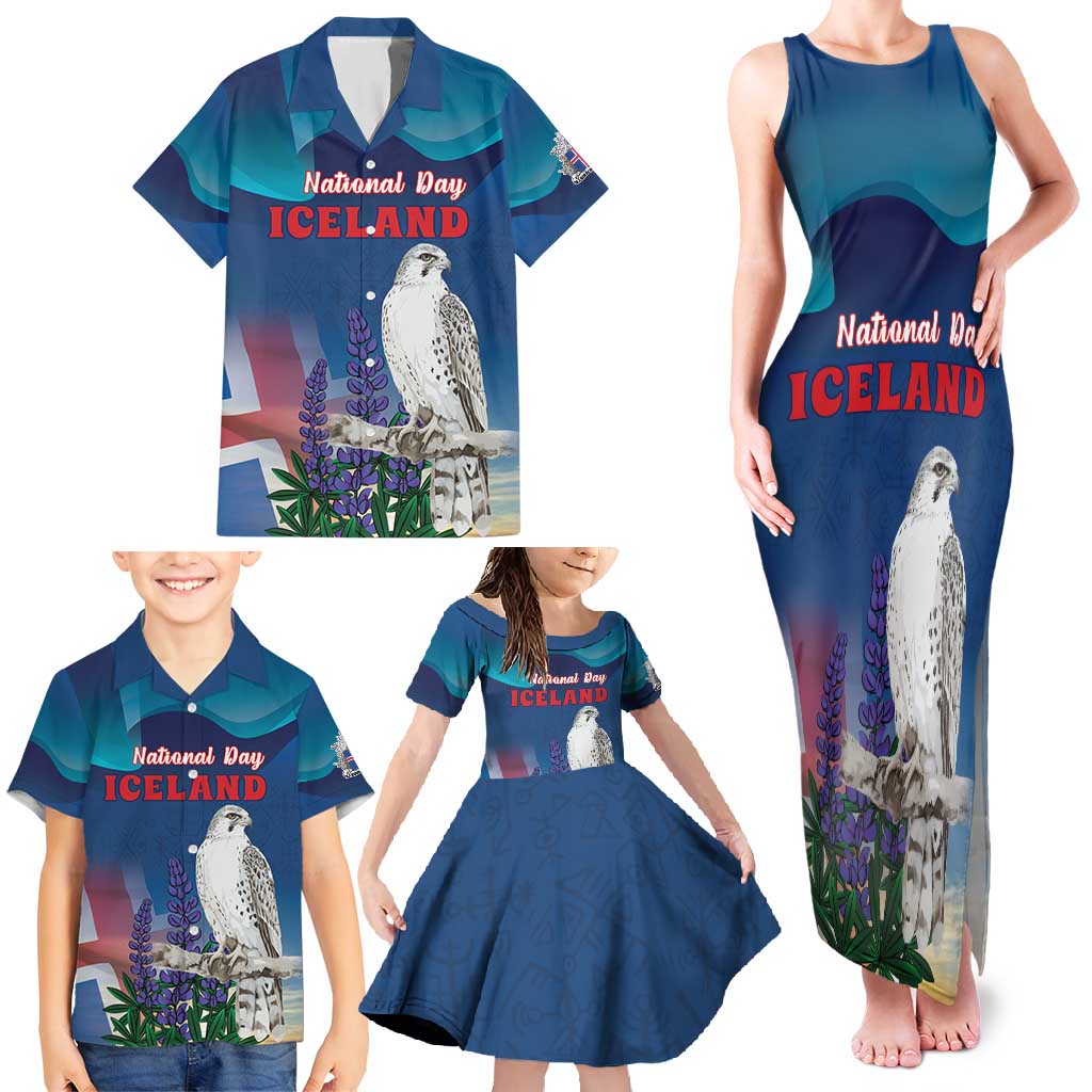 Personalized Iceland National Day Family Matching Tank Maxi Dress and Hawaiian Shirt Gyrfalcon With Lupine Flower