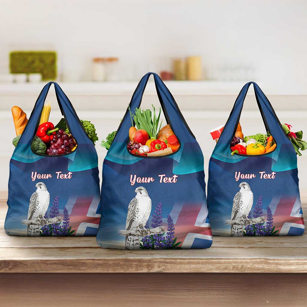 Personalized Iceland National Day Grocery Bag Gyrfalcon With Lupine Flower