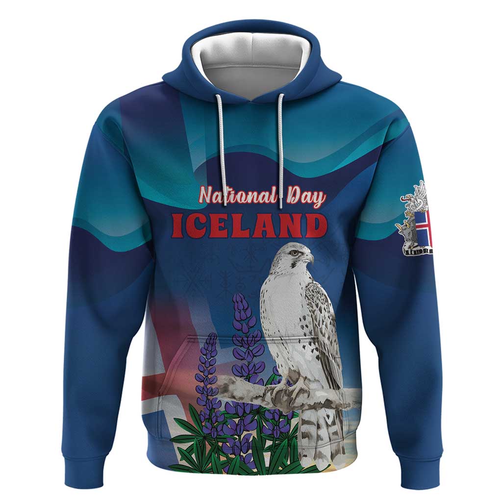 Personalized Iceland National Day Hoodie Gyrfalcon With Lupine Flower