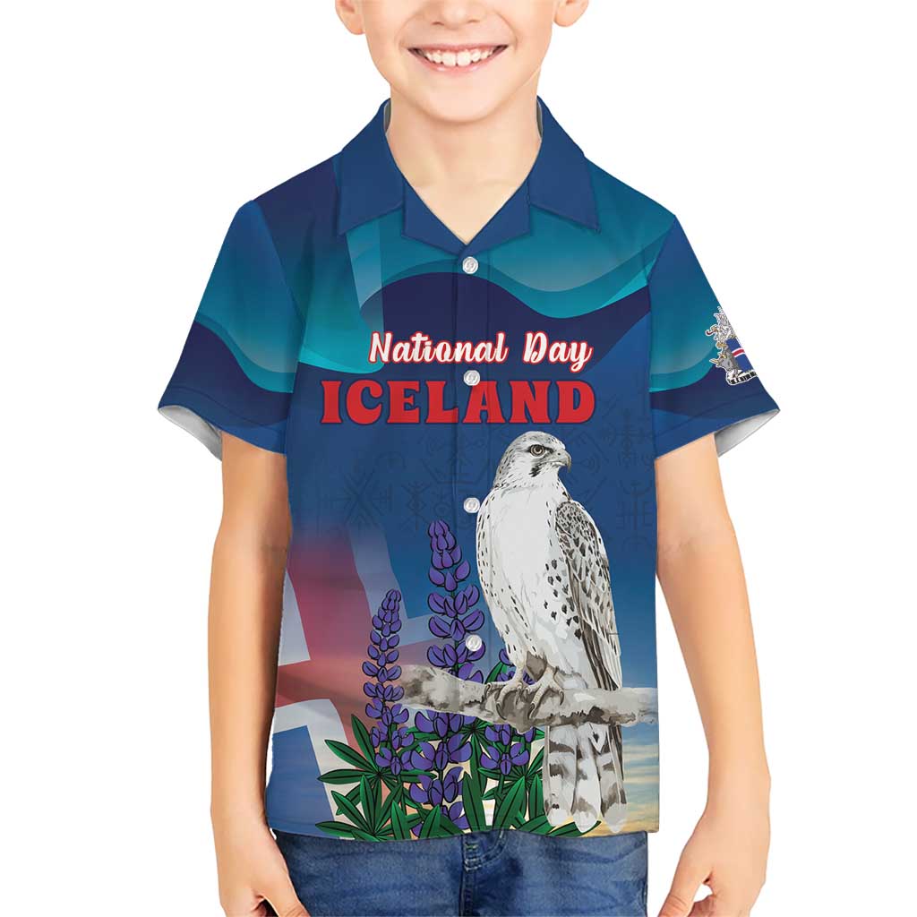 Personalized Iceland National Day Kid Hawaiian Shirt Gyrfalcon With Lupine Flower