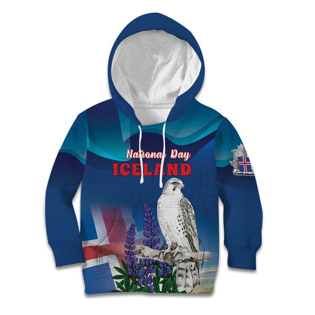 Personalized Iceland National Day Kid Hoodie Gyrfalcon With Lupine Flower