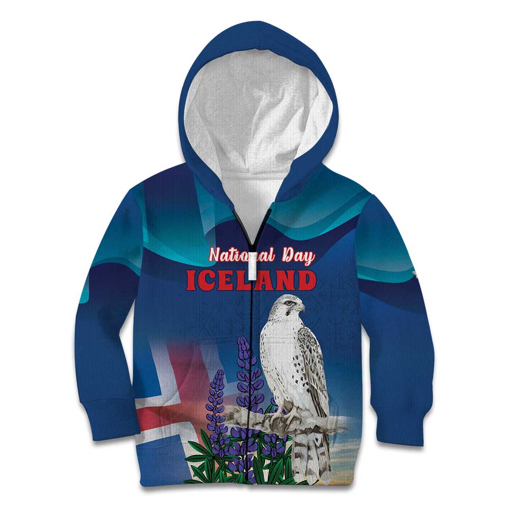 Personalized Iceland National Day Kid Hoodie Gyrfalcon With Lupine Flower
